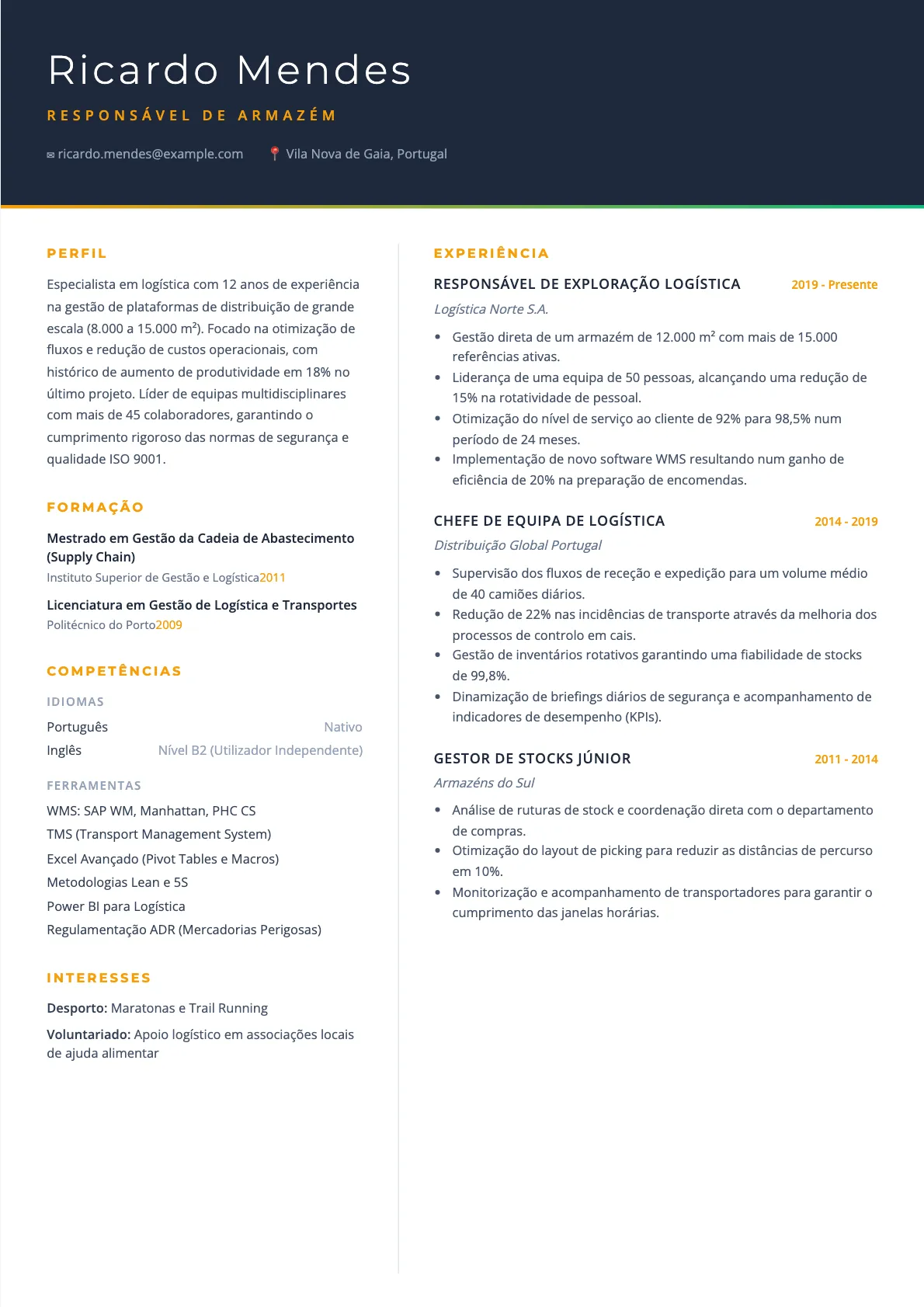 Exemplo de Currículo para Responsável de Armazém 2026