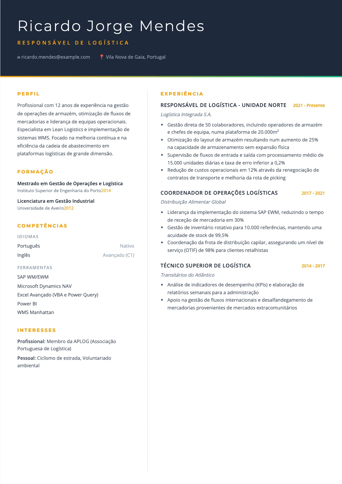 Exemplo de Currículo para Responsável de Logística 2026