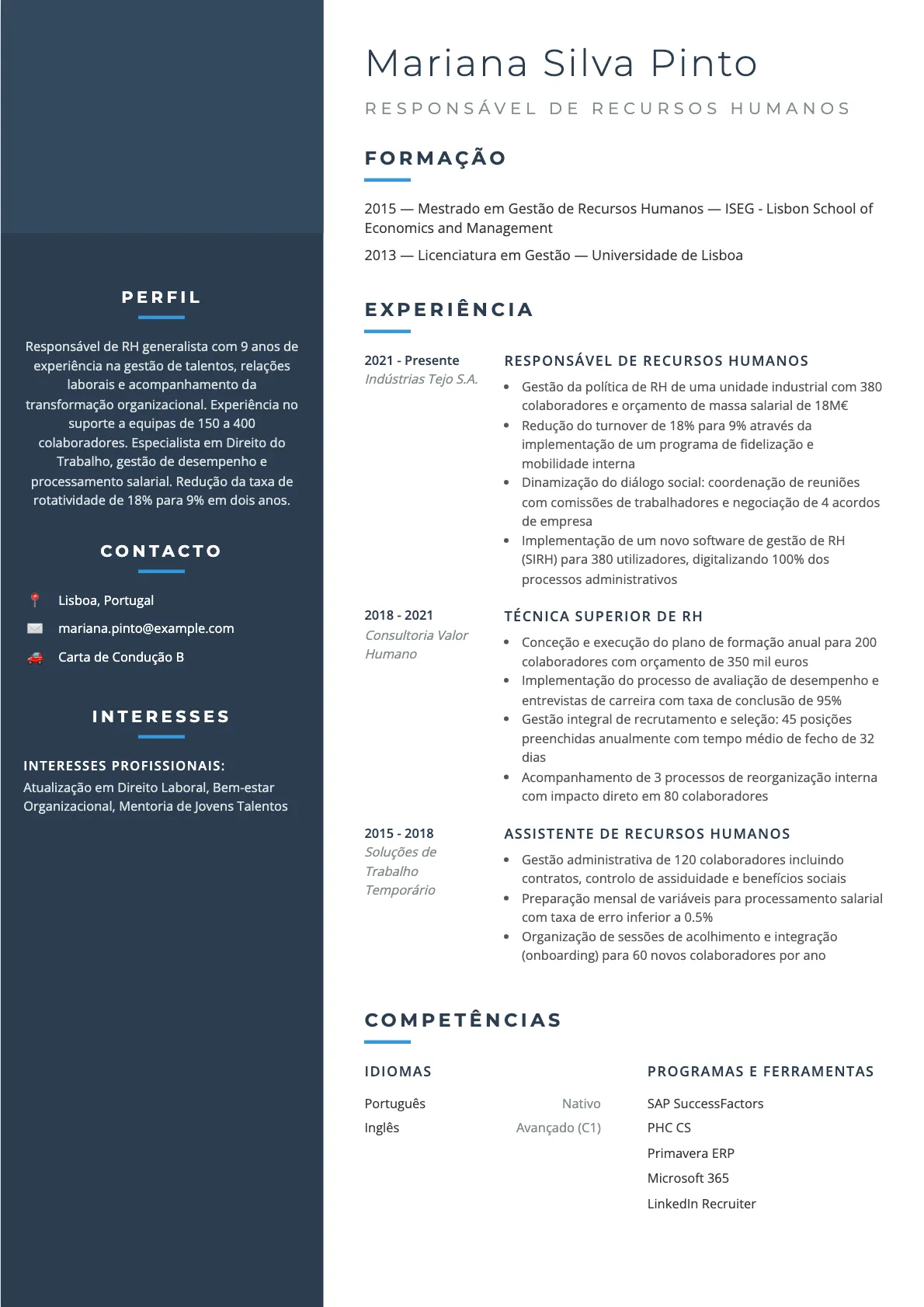Exemplo de CV de Responsável de Recursos Humanos 2026