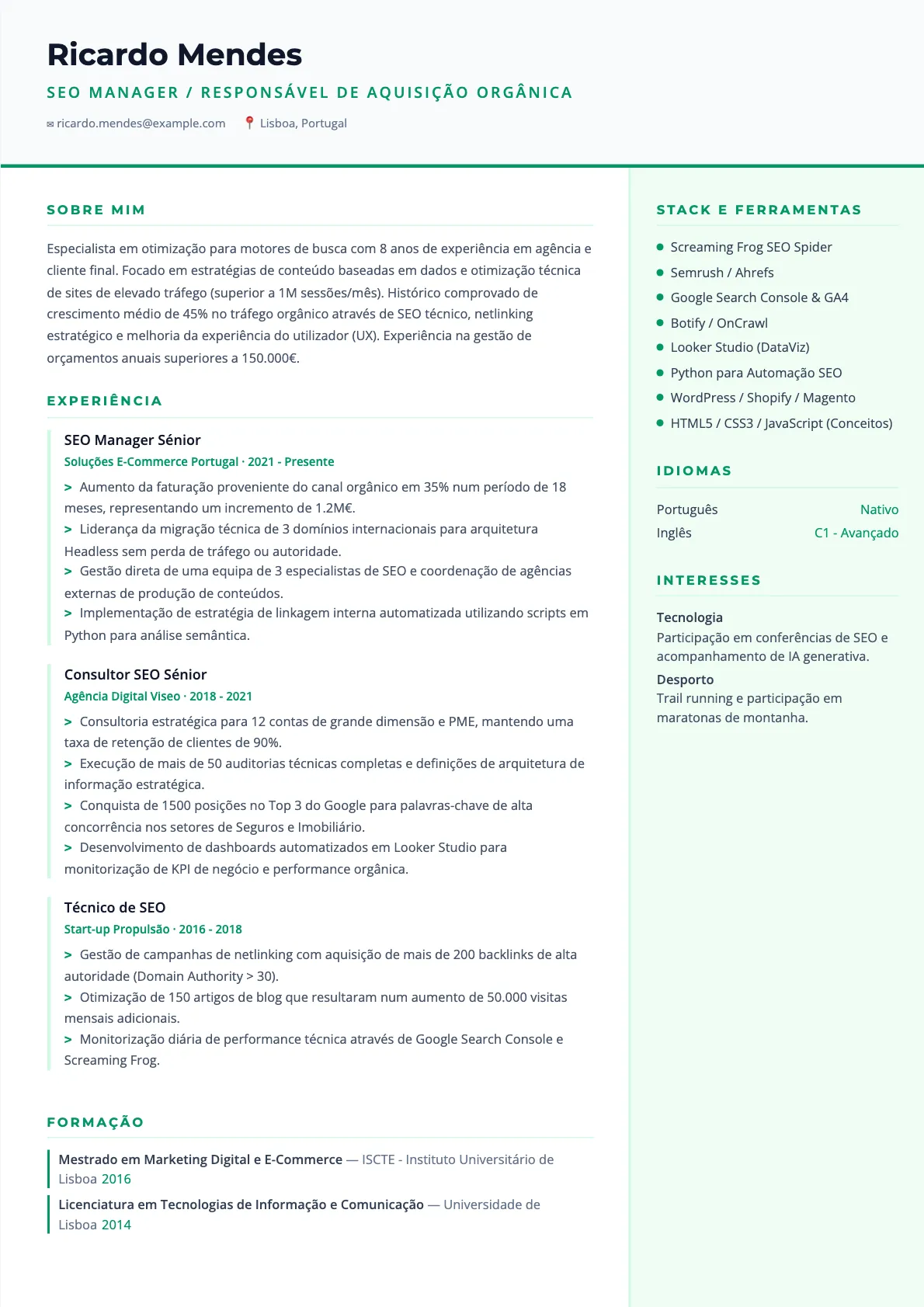 Exemplo de Currículo para SEO Manager 2026