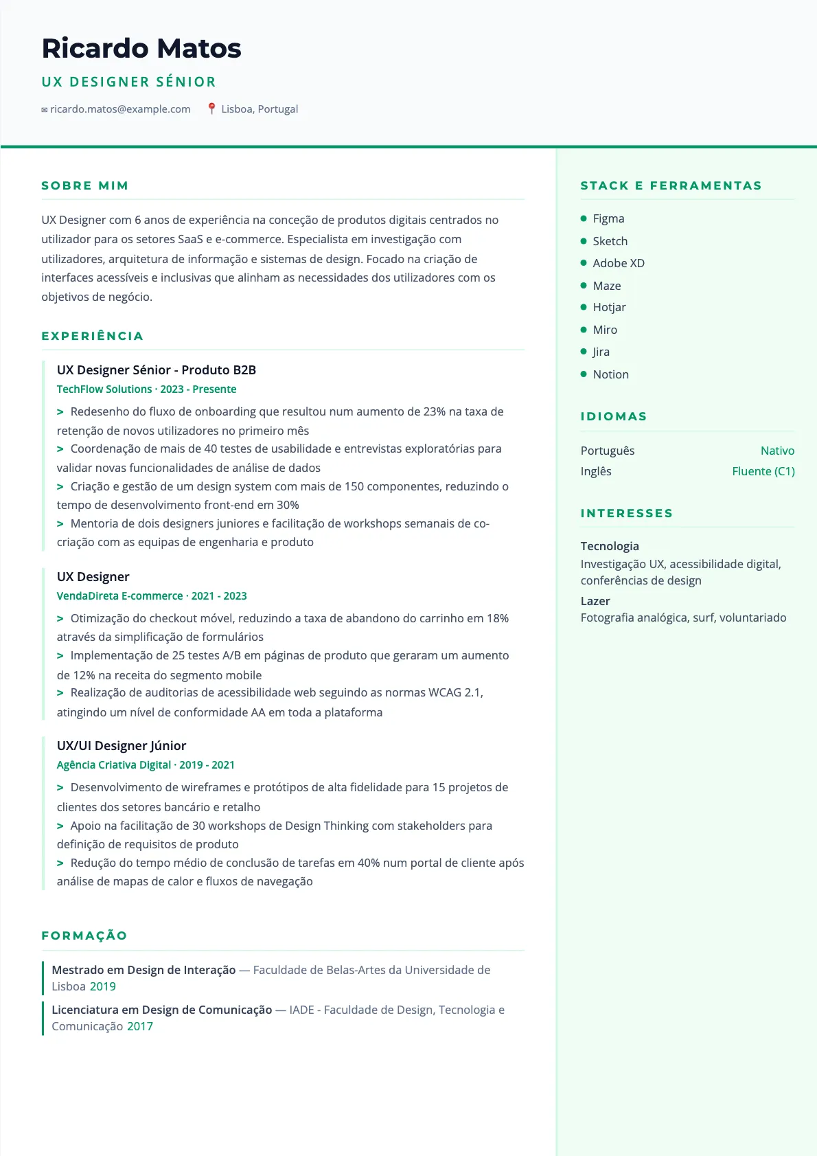 Exemplo de Currículo para UX Designer 2026