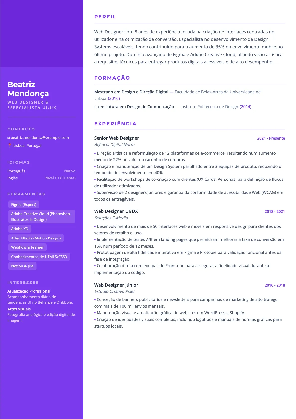 Exemplo de CV de Web Designer 2026