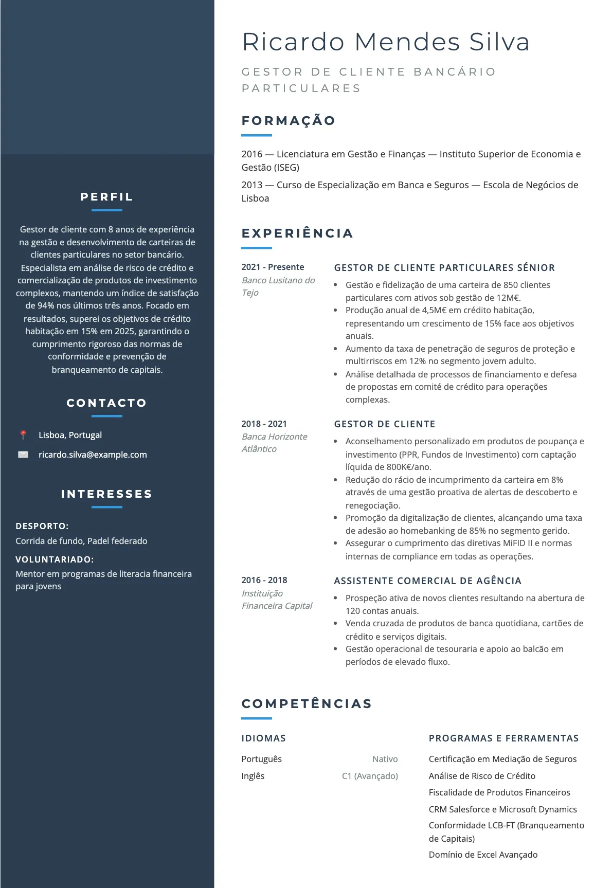 Exemplo de Currículo para Gestor de Cliente Bancário 2026