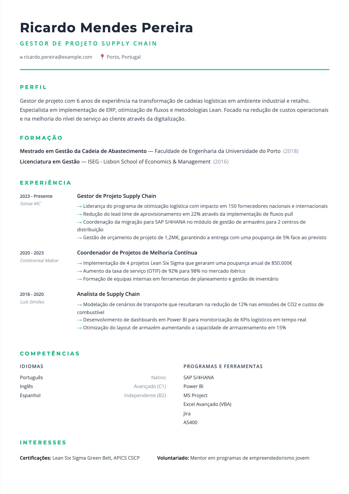 Exemplo de Currículo para Gestor de Projeto Supply Chain 2026