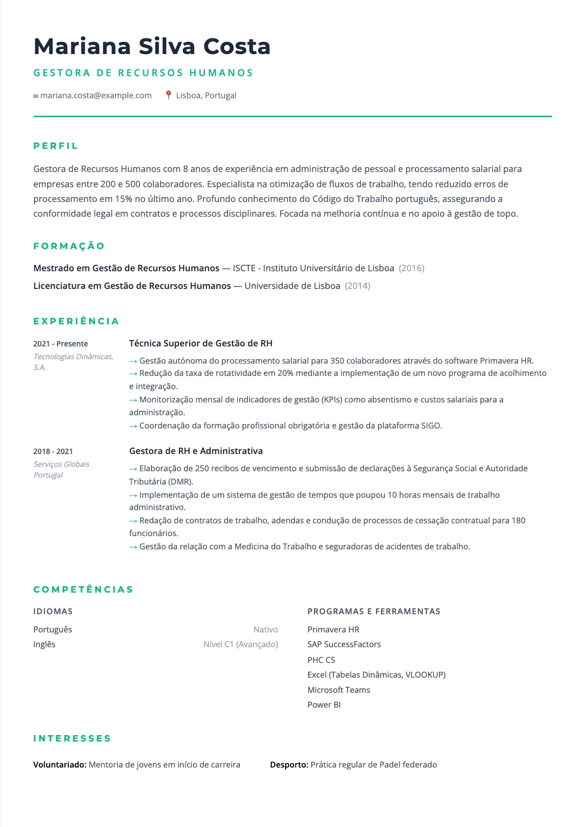 Exemplo de Currículo para Gestor de Recursos Humanos 2026