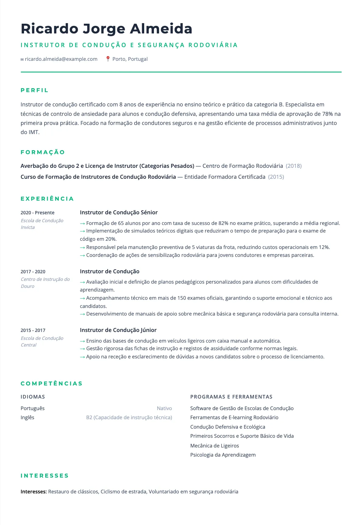Exemplo de Currículo para Instrutor de Condução 2026