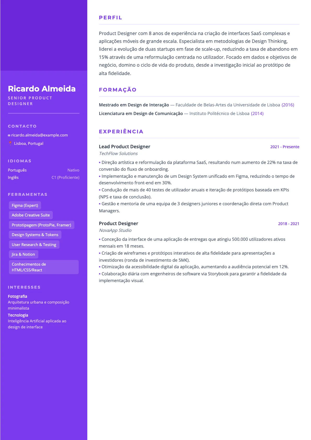 Exemplo de CV de Product Designer 2026