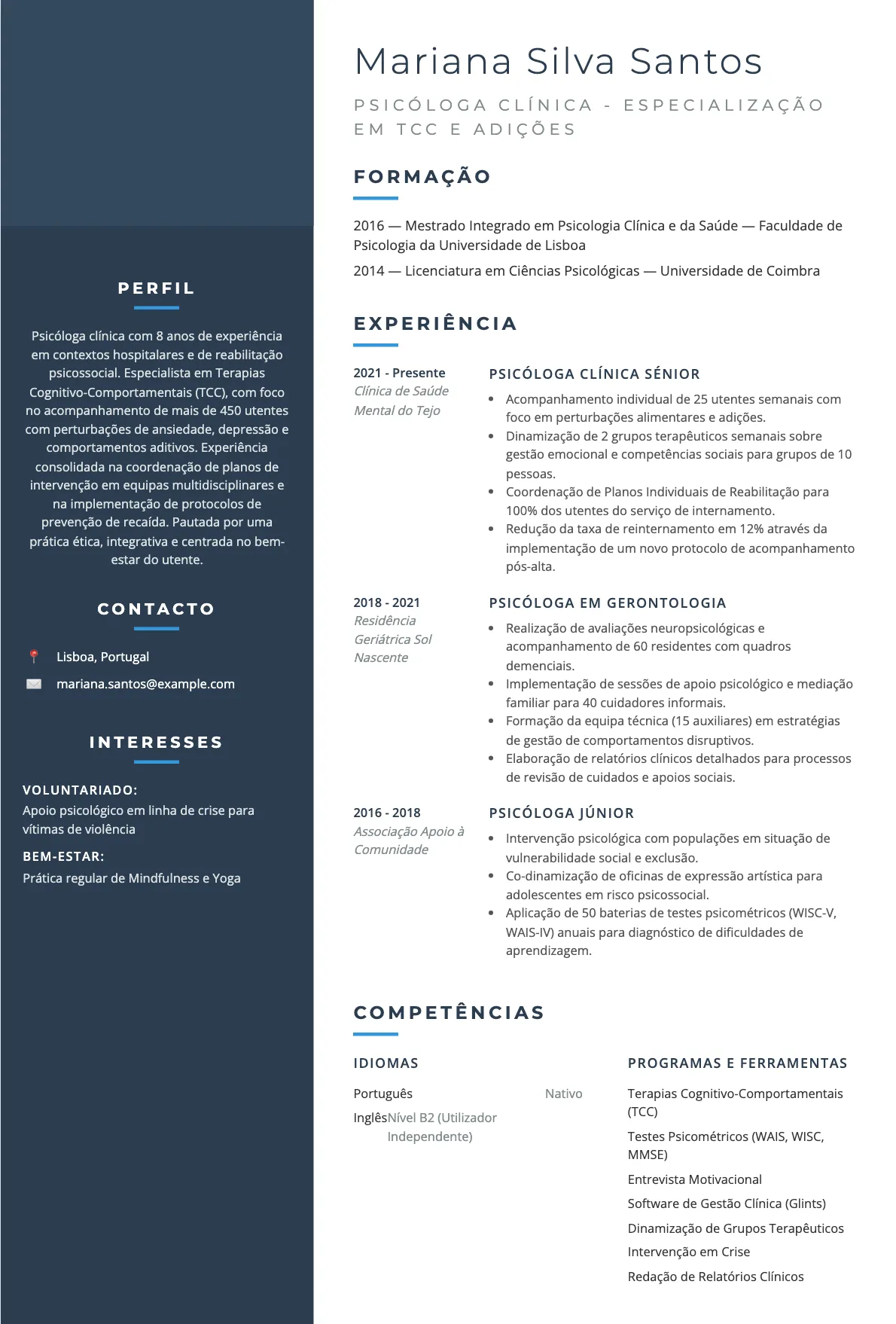 Exemplo de Currículo para Psicólogo Clínico 2026