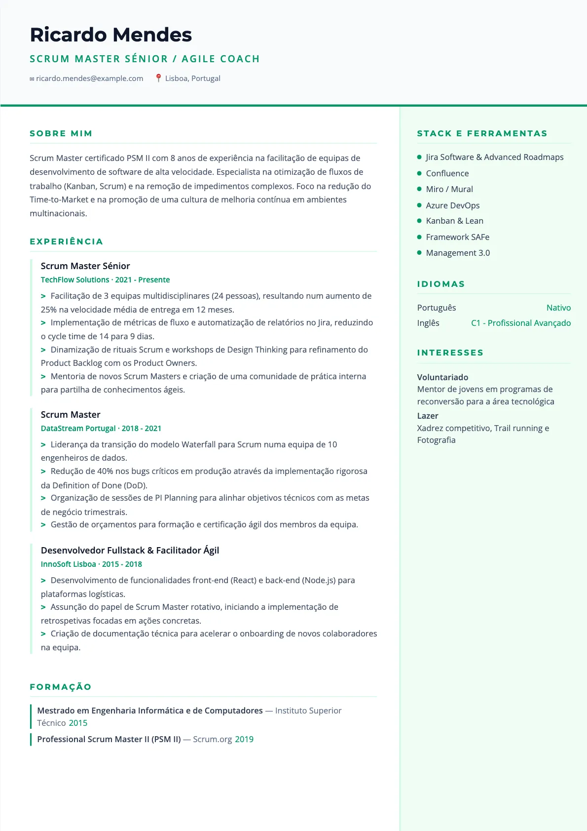 Exemplo de CV Scrum Master 2026