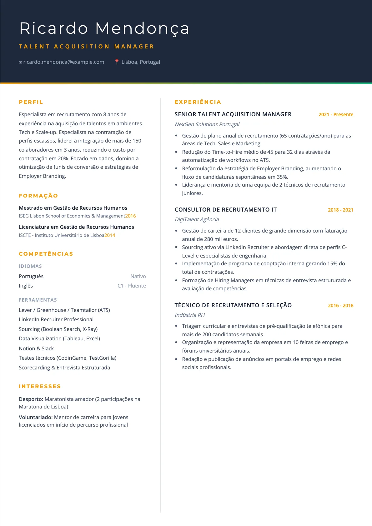 Exemplo de CV Talent Acquisition Manager 2026