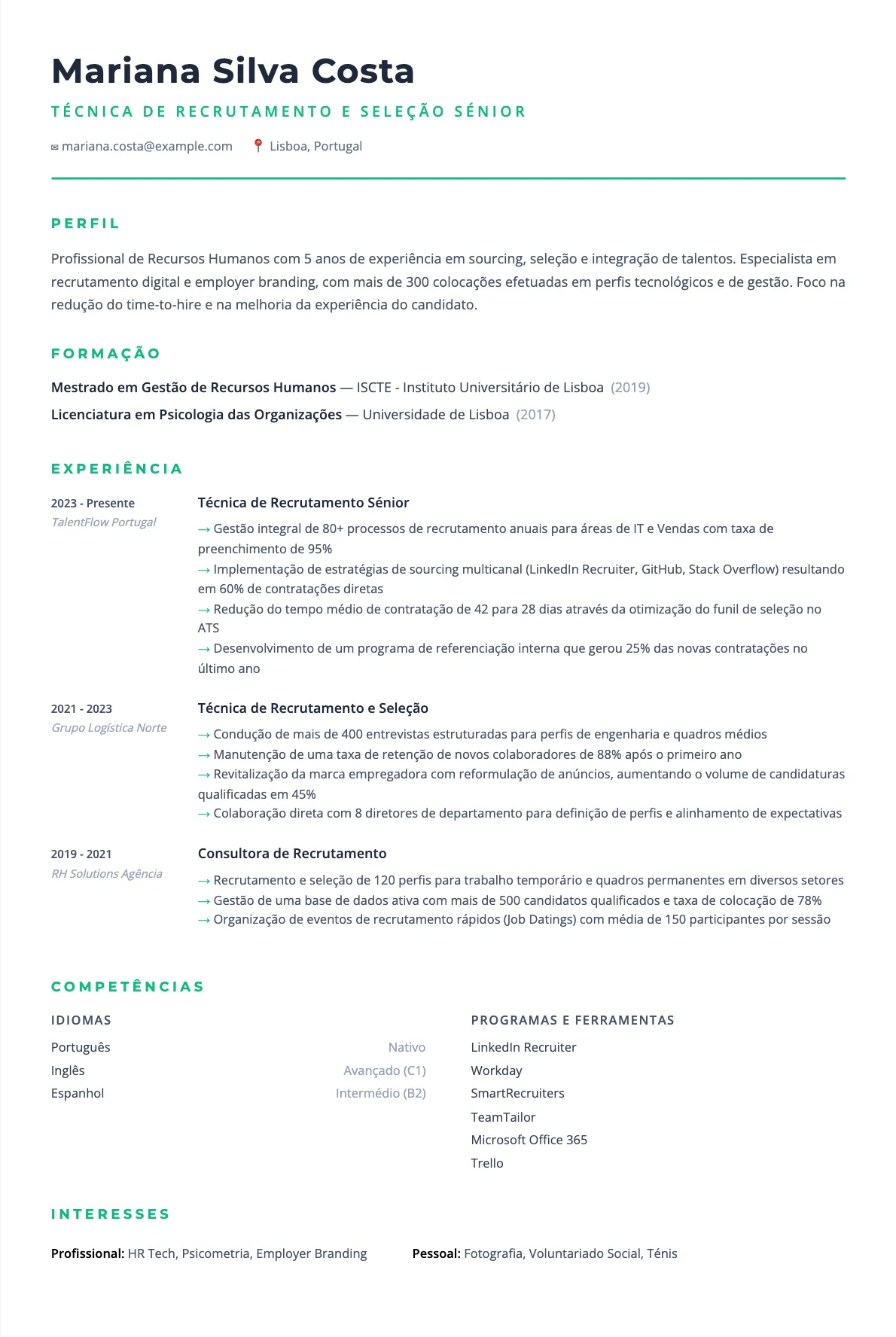 Exemplo de Currículo para Técnico de Recrutamento e Seleção 2026