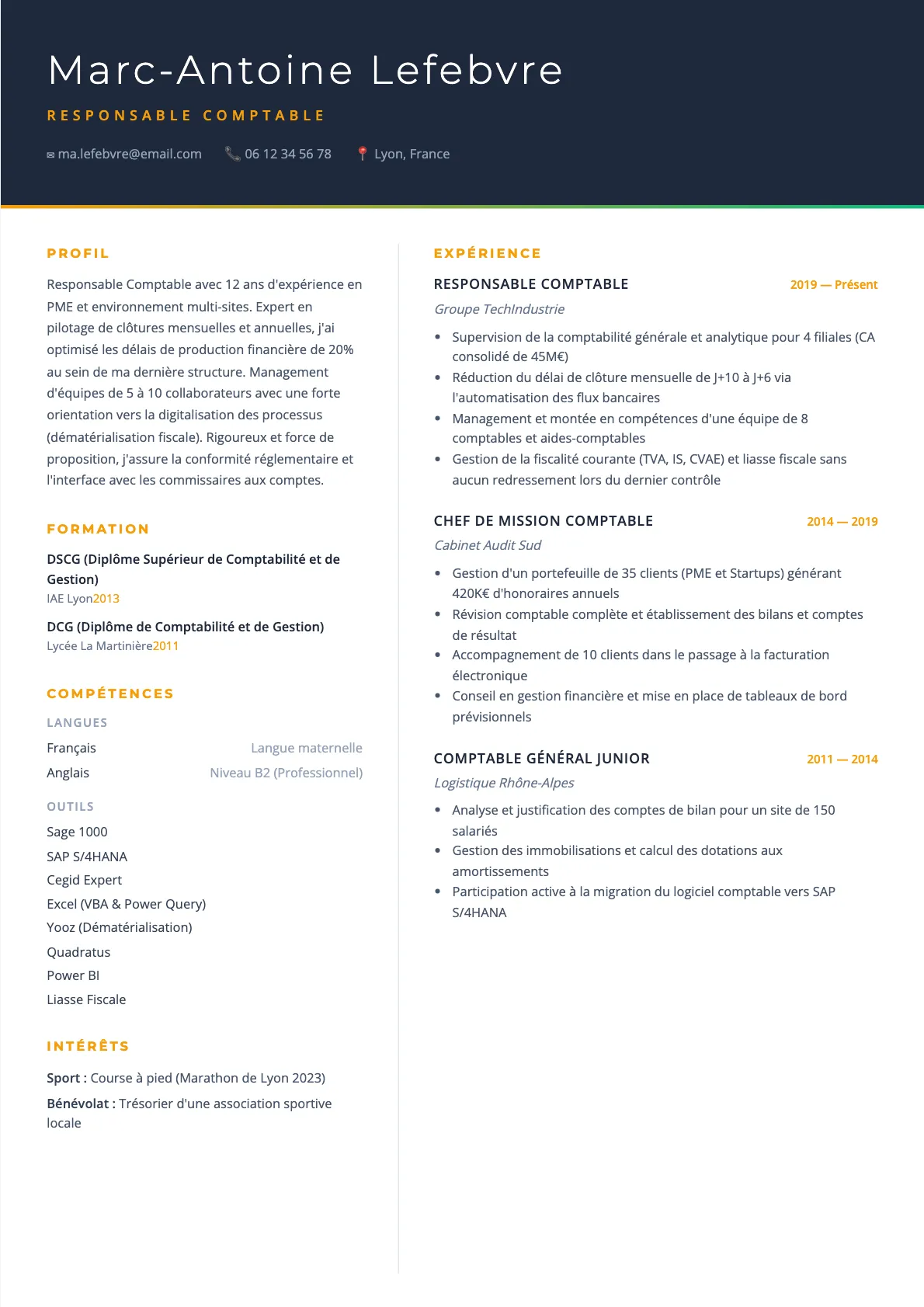 Exemple de CV Responsable Comptable (modèle executive) créé avec CV Boost