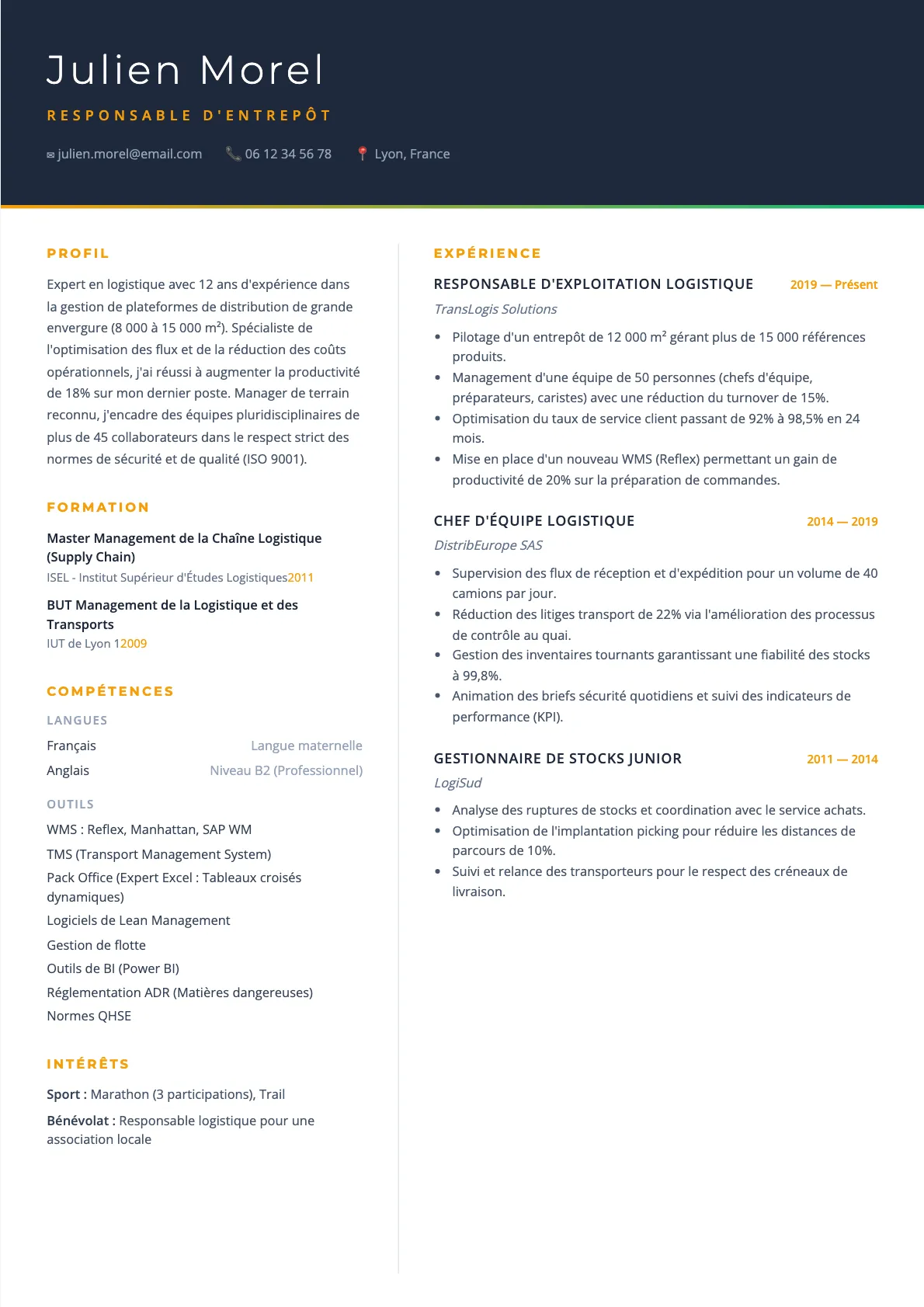 Exemple de CV Responsable d'Entrepôt (modèle executive) créé avec CV Boost
