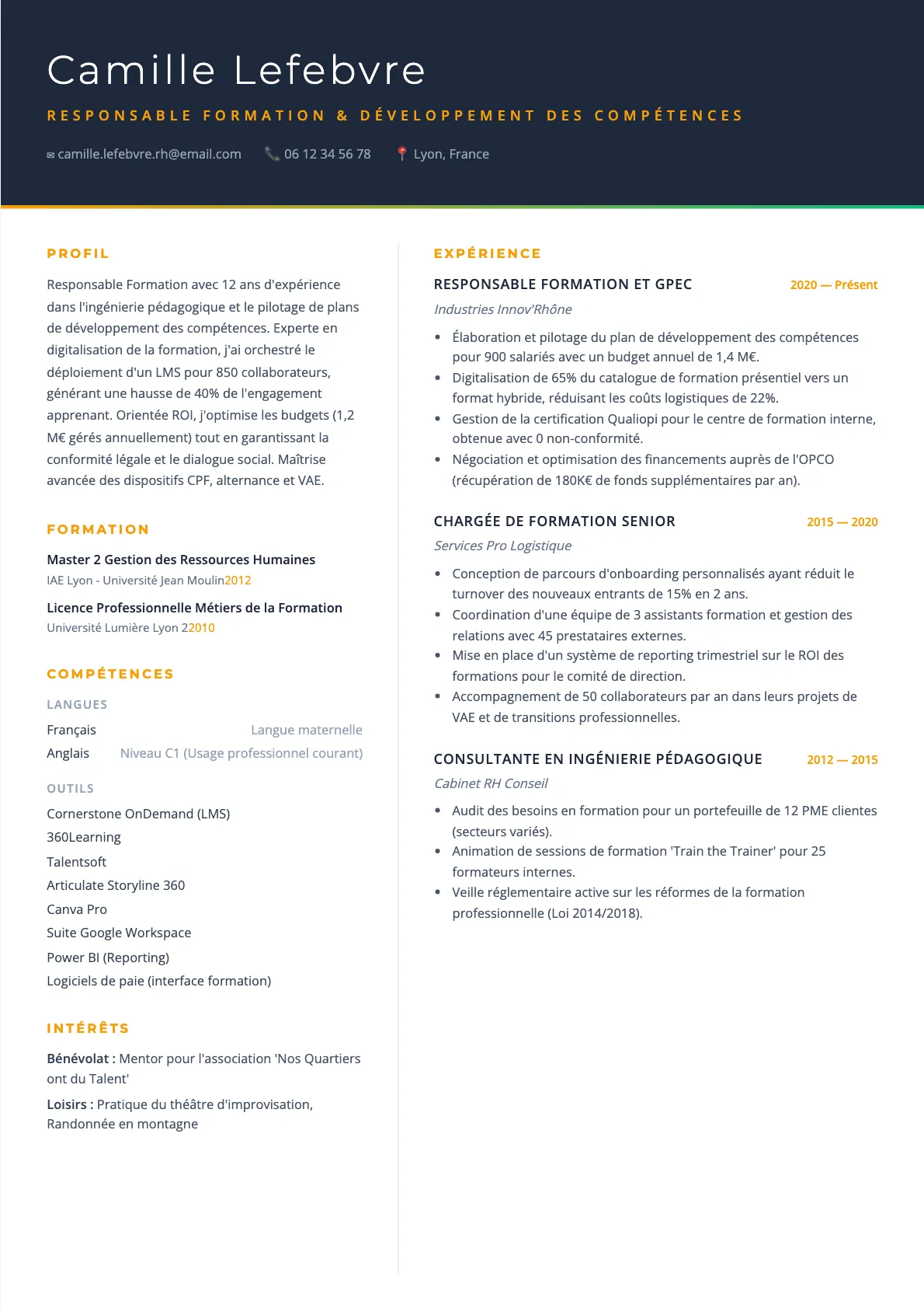 Exemple de CV Responsable Formation & Développement des Compétences (modèle executive) créé avec CV Boost