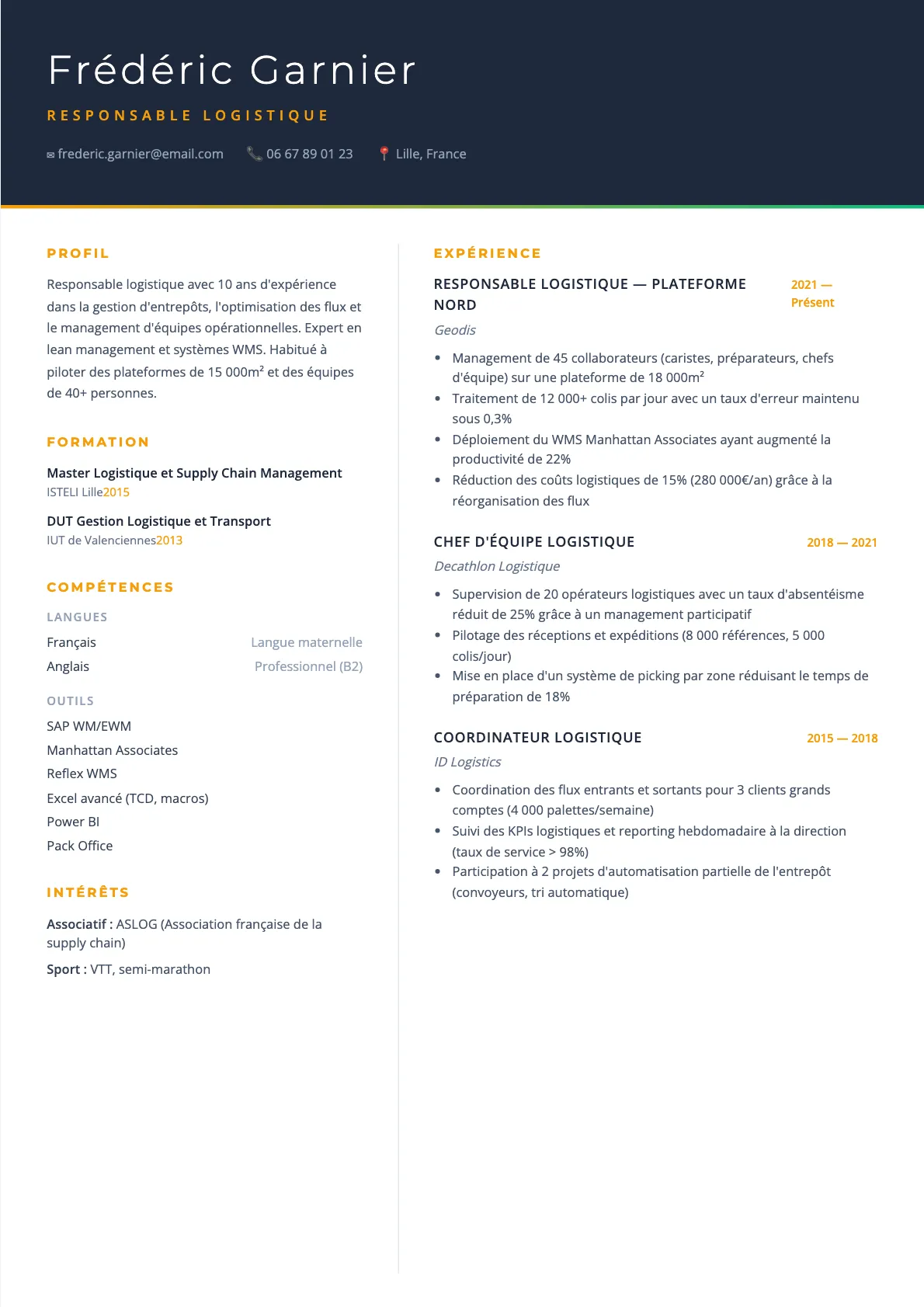 Exemple de CV Responsable Logistique (modèle executive) créé avec CV Boost