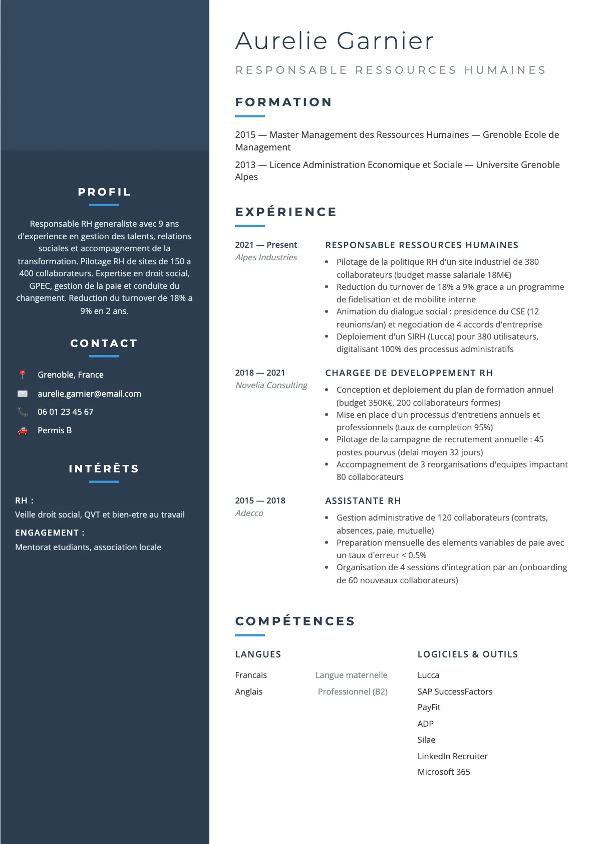 Exemple de CV Responsable RH (modèle classique) créé avec CV Boost