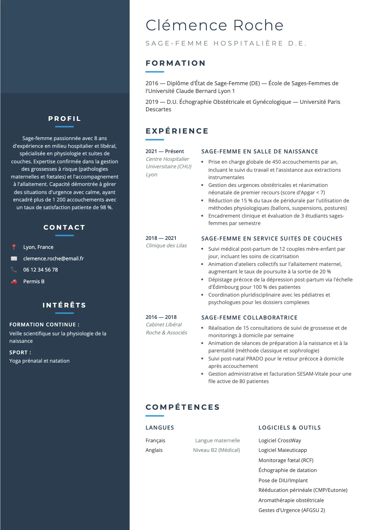 Exemple de CV Sage-Femme Hospitalière D.E. (modèle classique) créé avec CV Boost