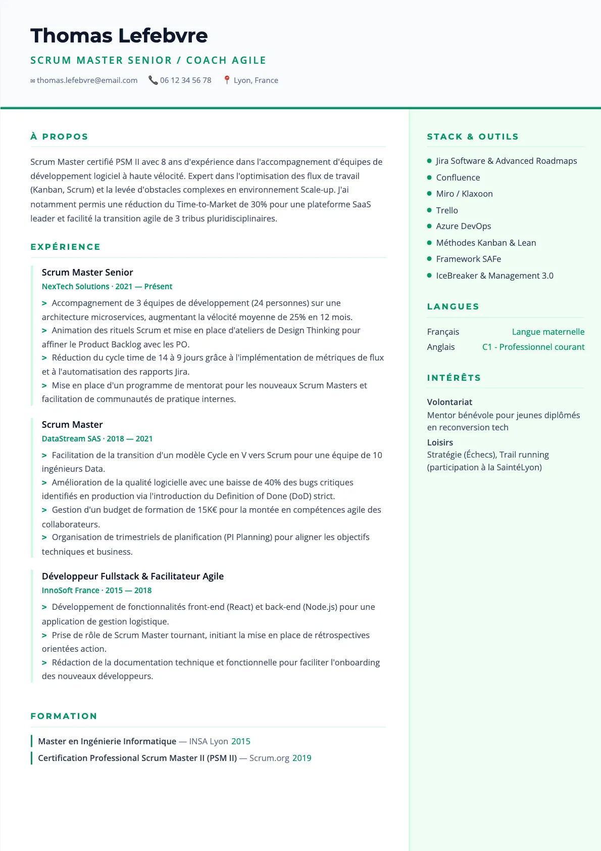 Exemple de CV Scrum Master Senior / Coach Agile (modèle tech) créé avec CV Boost