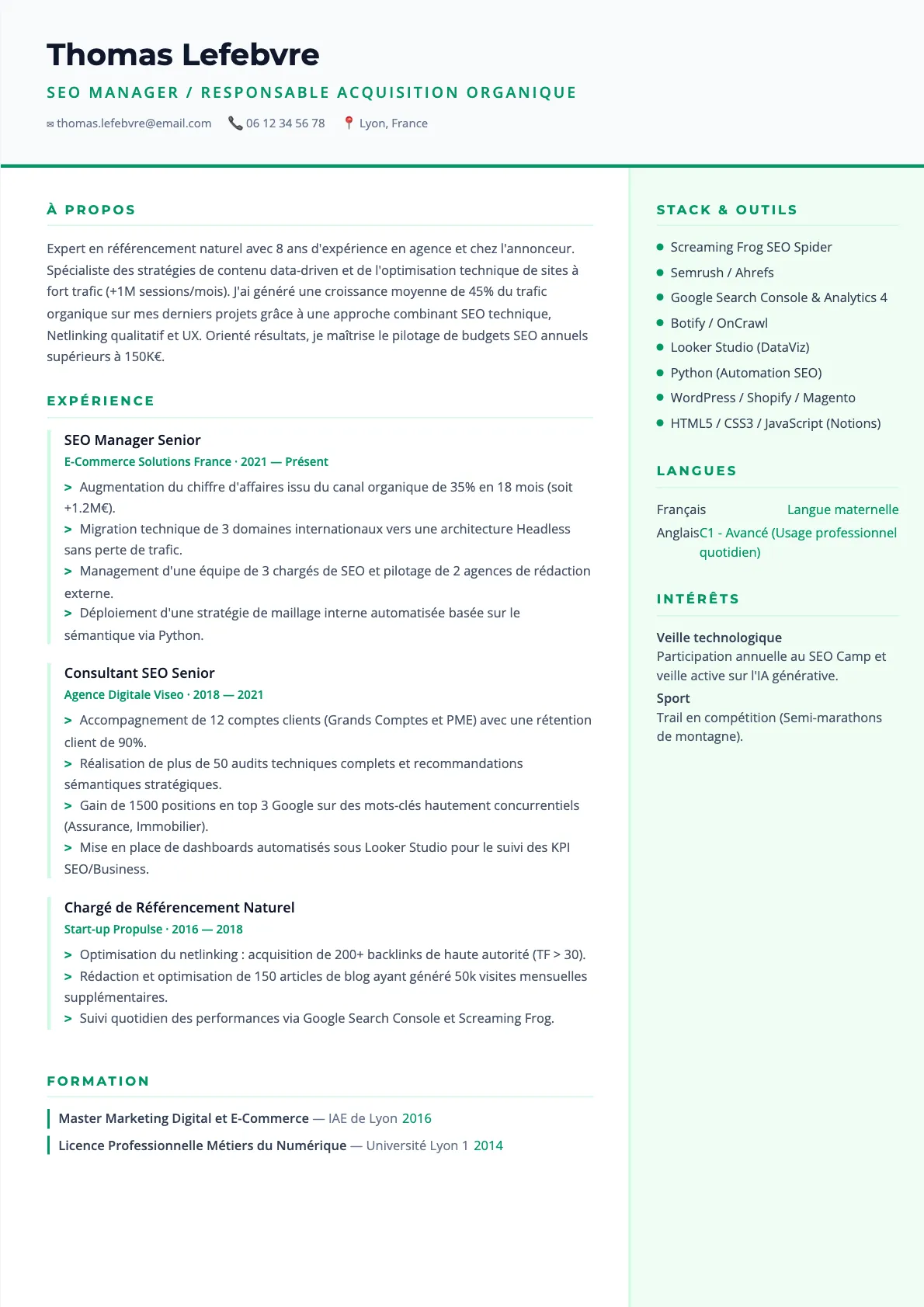 Exemple de CV SEO Manager / Responsable Acquisition Organique (modèle tech) créé avec CV Boost