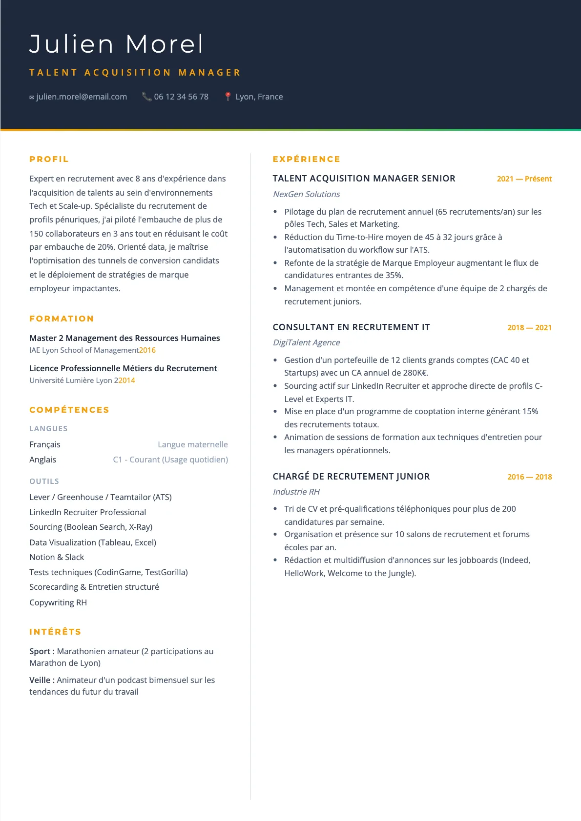 Exemple de CV Talent Acquisition Manager (modèle executive) créé avec CV Boost