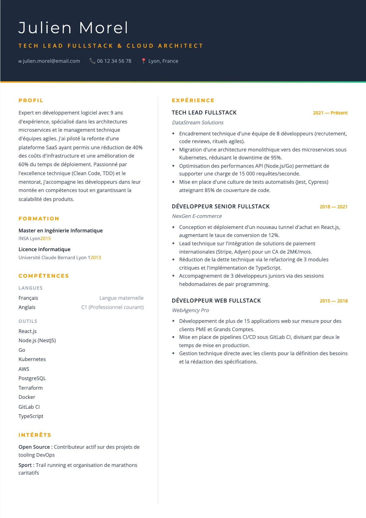 Exemple de CV Tech Lead Fullstack & Cloud Architect (modèle executive) créé avec CV Boost