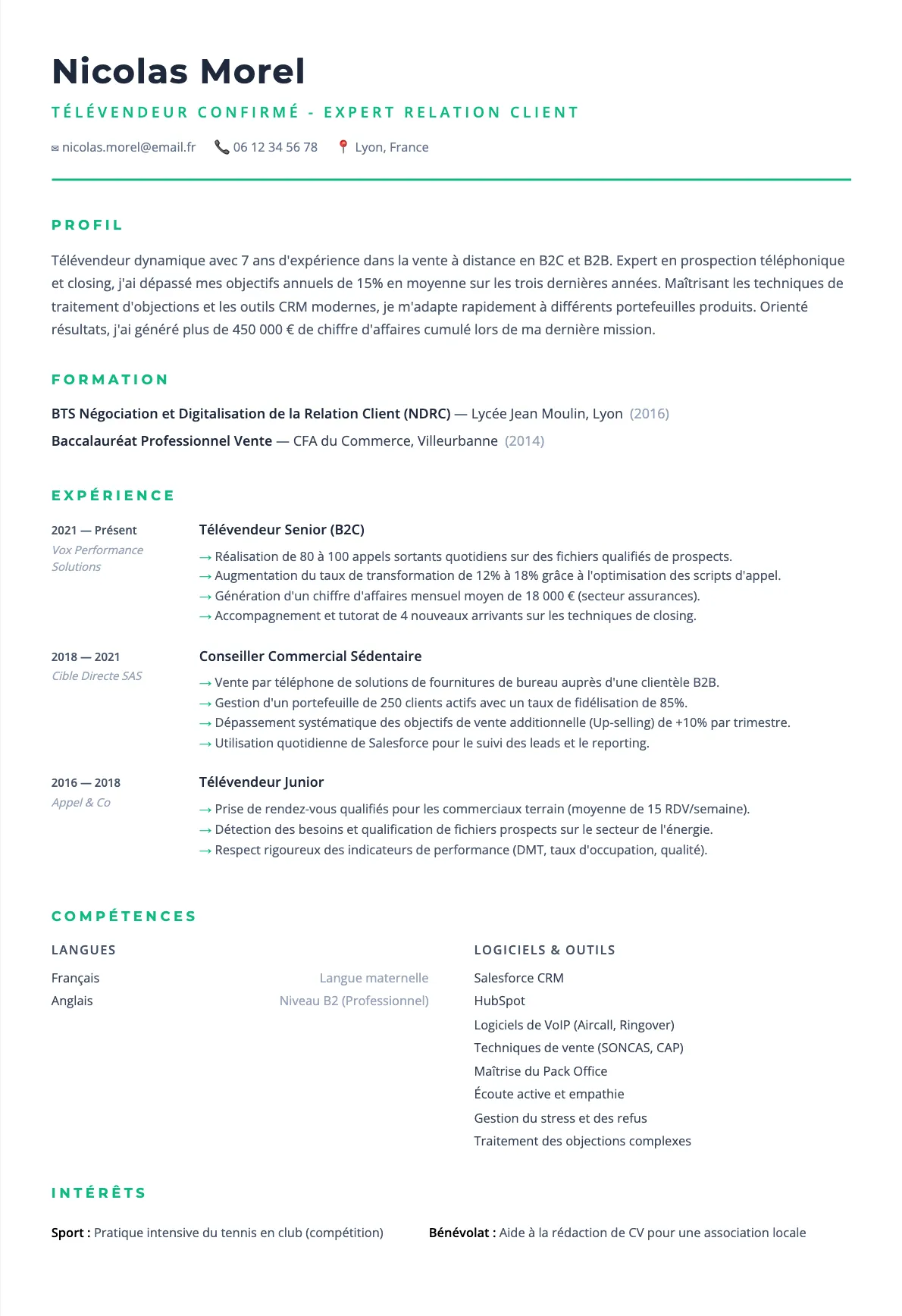 Exemple de CV Télévendeur Confirmé - Expert Relation Client (modèle minimaliste) créé avec CV Boost