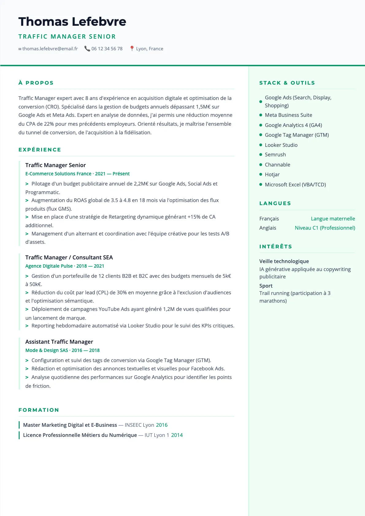 Exemple de CV Traffic Manager Senior (modèle tech) créé avec CV Boost