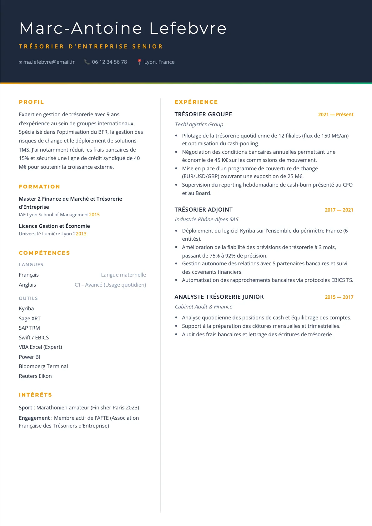 Exemple de CV Trésorier d'Entreprise Senior (modèle executive) créé avec CV Boost