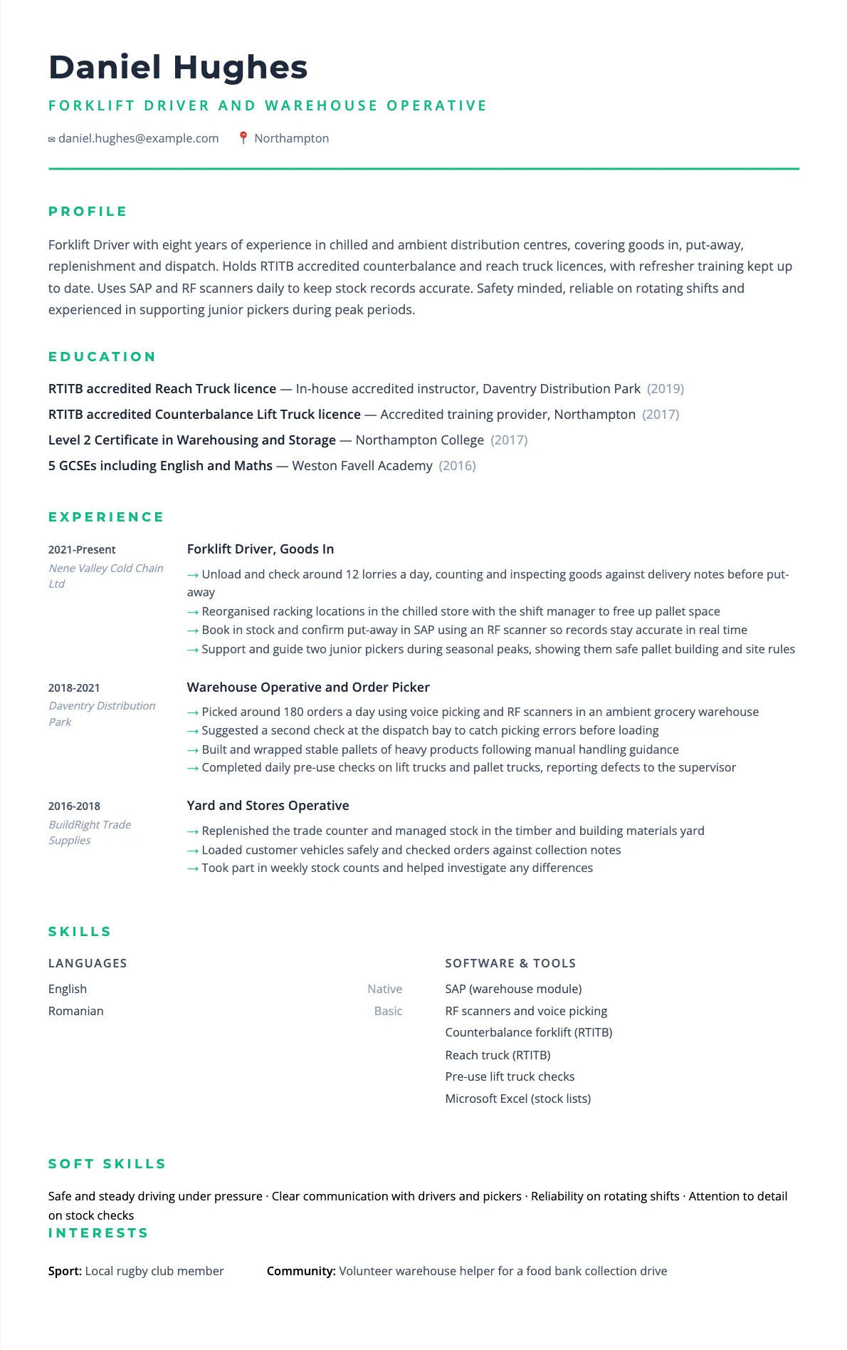 Handriting Examples Forklift Driver CV Example and Writing Tips | CV Boost