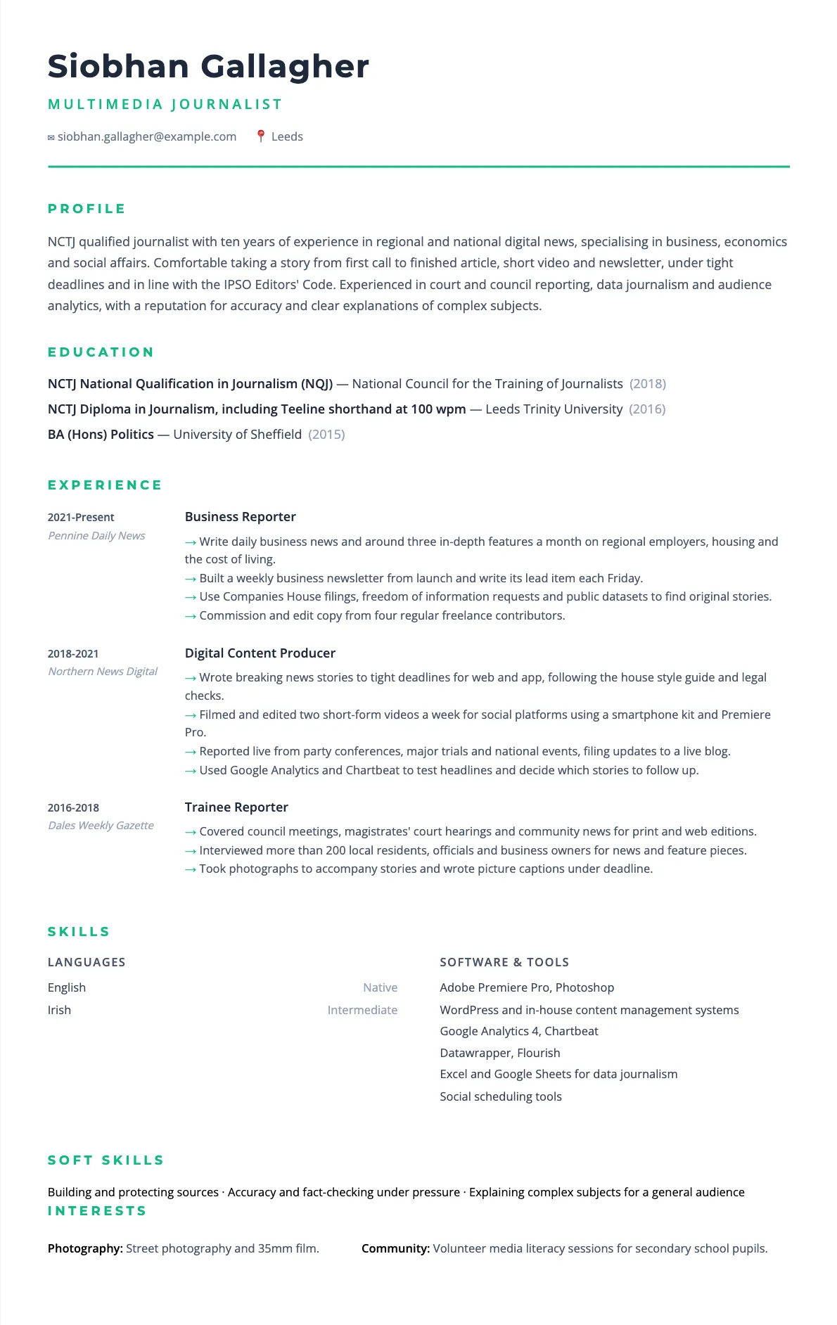 Journalist CV Example and Writing Guide for UK Newsrooms