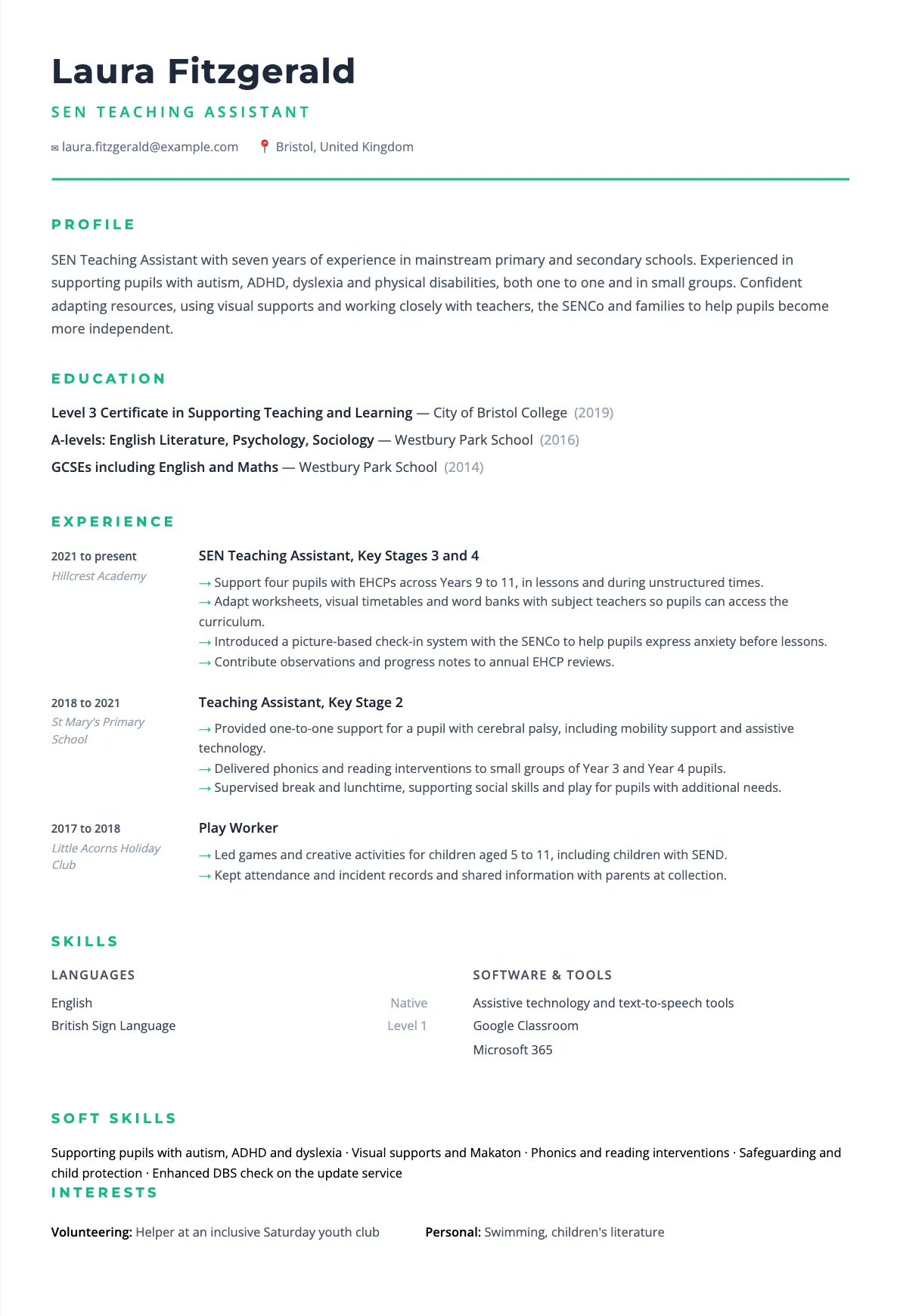 SEN Teaching Assistant CV Example for SEND Support Roles