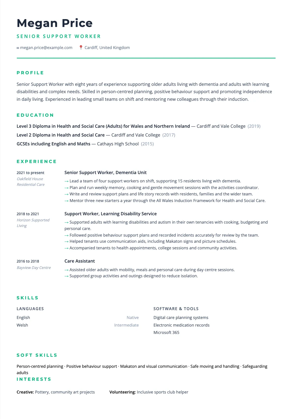 Support Worker CV Example for Learning Disability and Adult Care