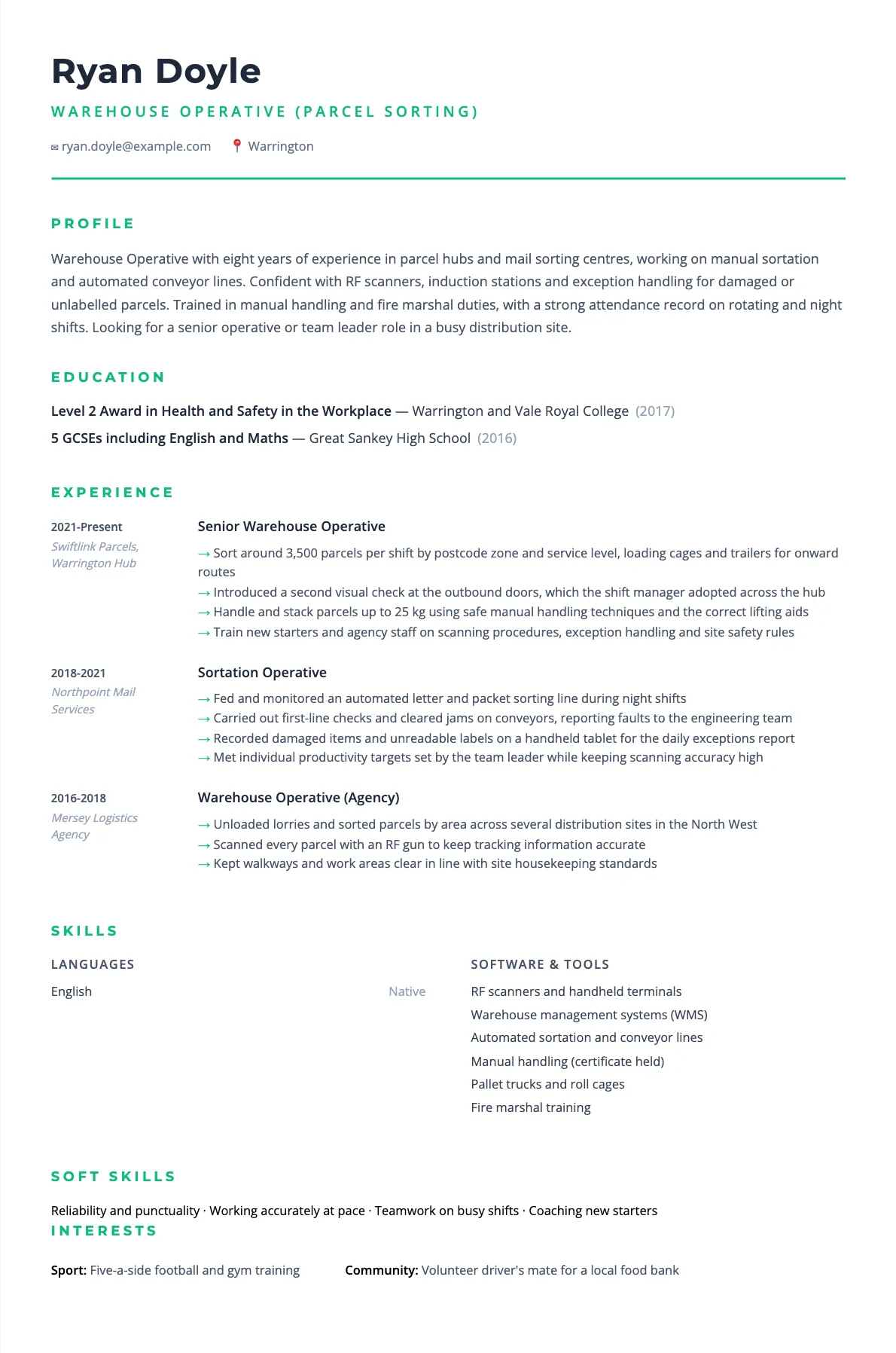 Warehouse Operative CV Example for Parcel Sorting Roles 2026