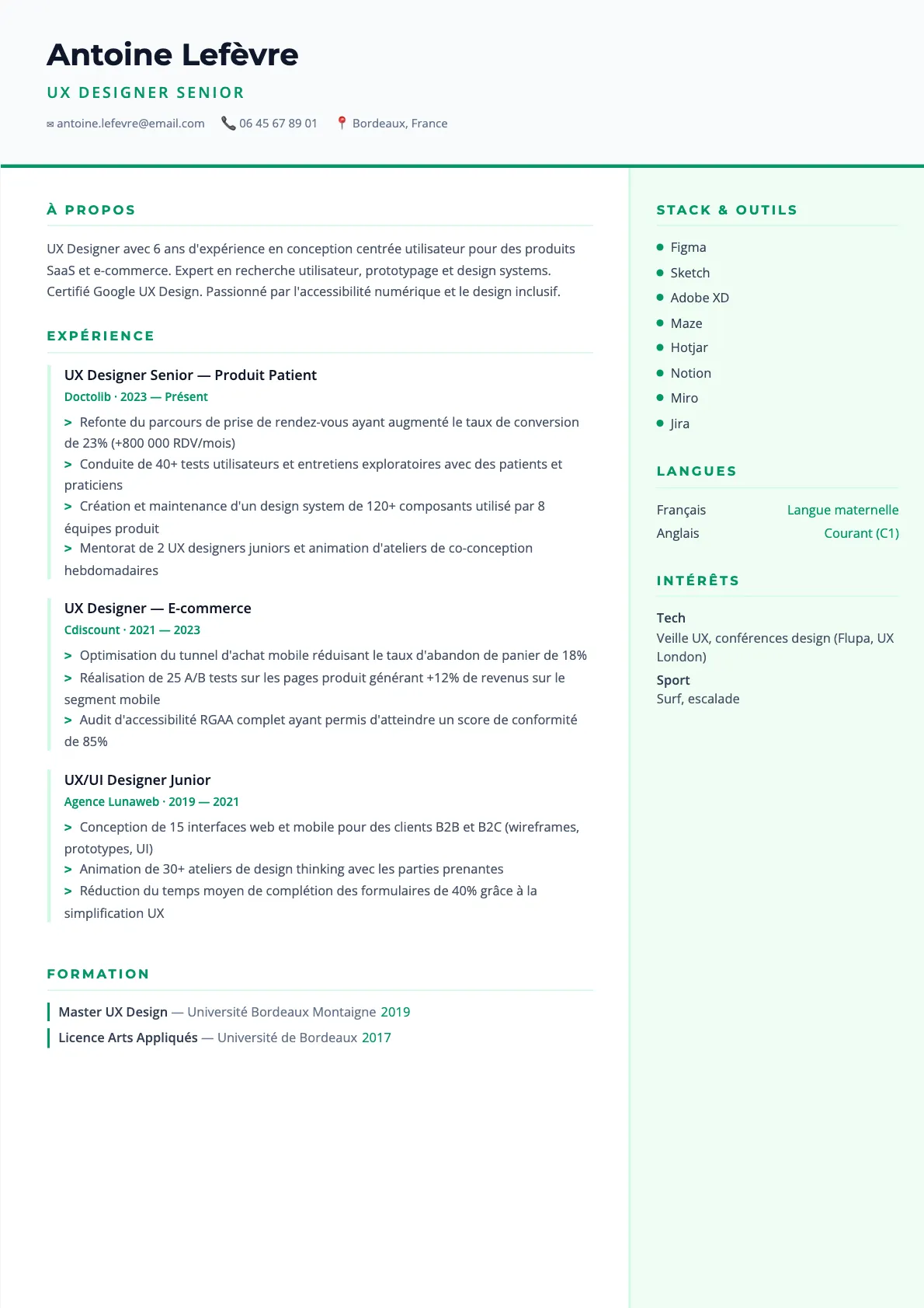 Exemple de CV UX Designer Senior (modèle tech) créé avec CV Boost